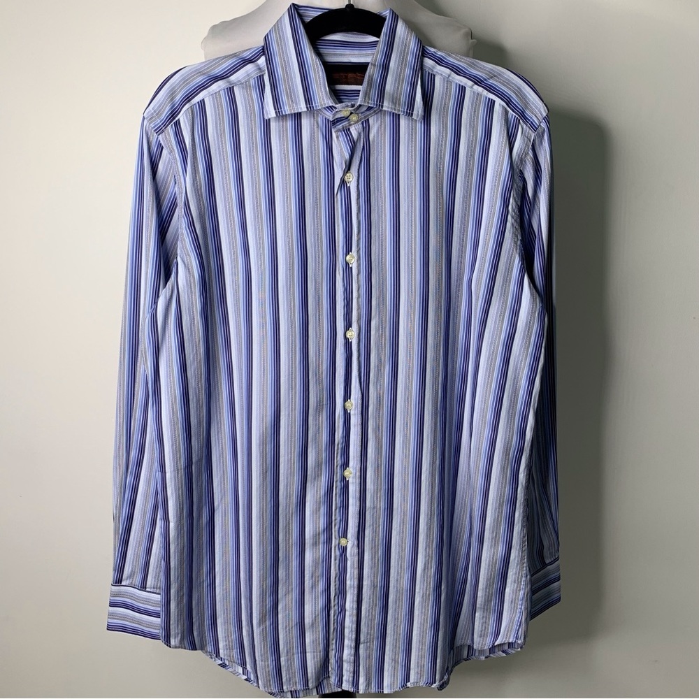 Etro Men's Blue White Striped Cotton Button Down Long Sleeve Shirt Size 42 /15.5